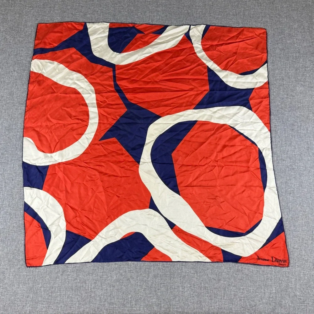 VTG Jeanne Lanvin Silk Scarf 30x30 Red Navy White Abstract Geometric Mod Luxury